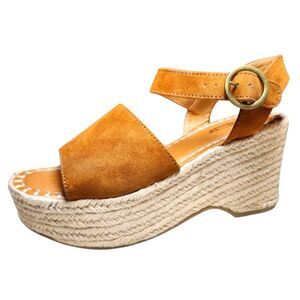 Anthro Seychelles Suede Espadrille Wedge Platform‎ Sandals Ankle Strap Brown 6